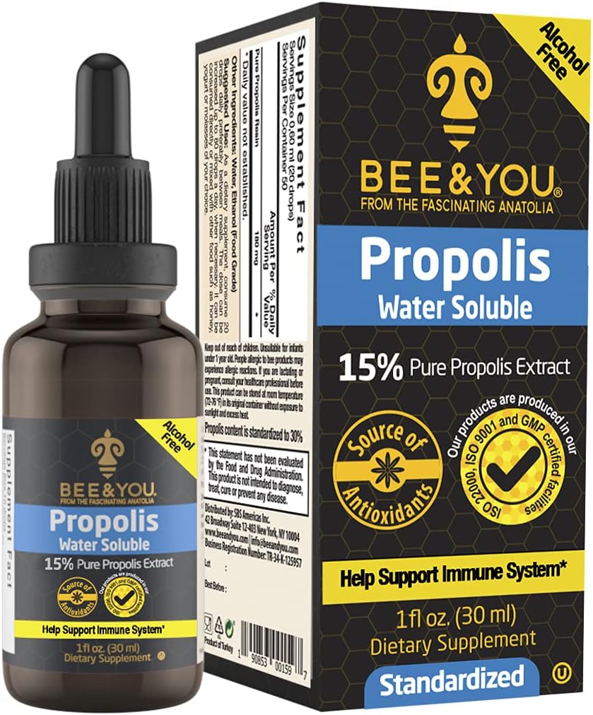 BEE and You 15% Pure Propolis Water Soluble Extract - High Potency - Zero Sugar - Zero Calorie - Natural Immune Support&Sore Throat Relief Antioxidants, Keto, Paleo, Gluten-Free, 1 Fl Oz