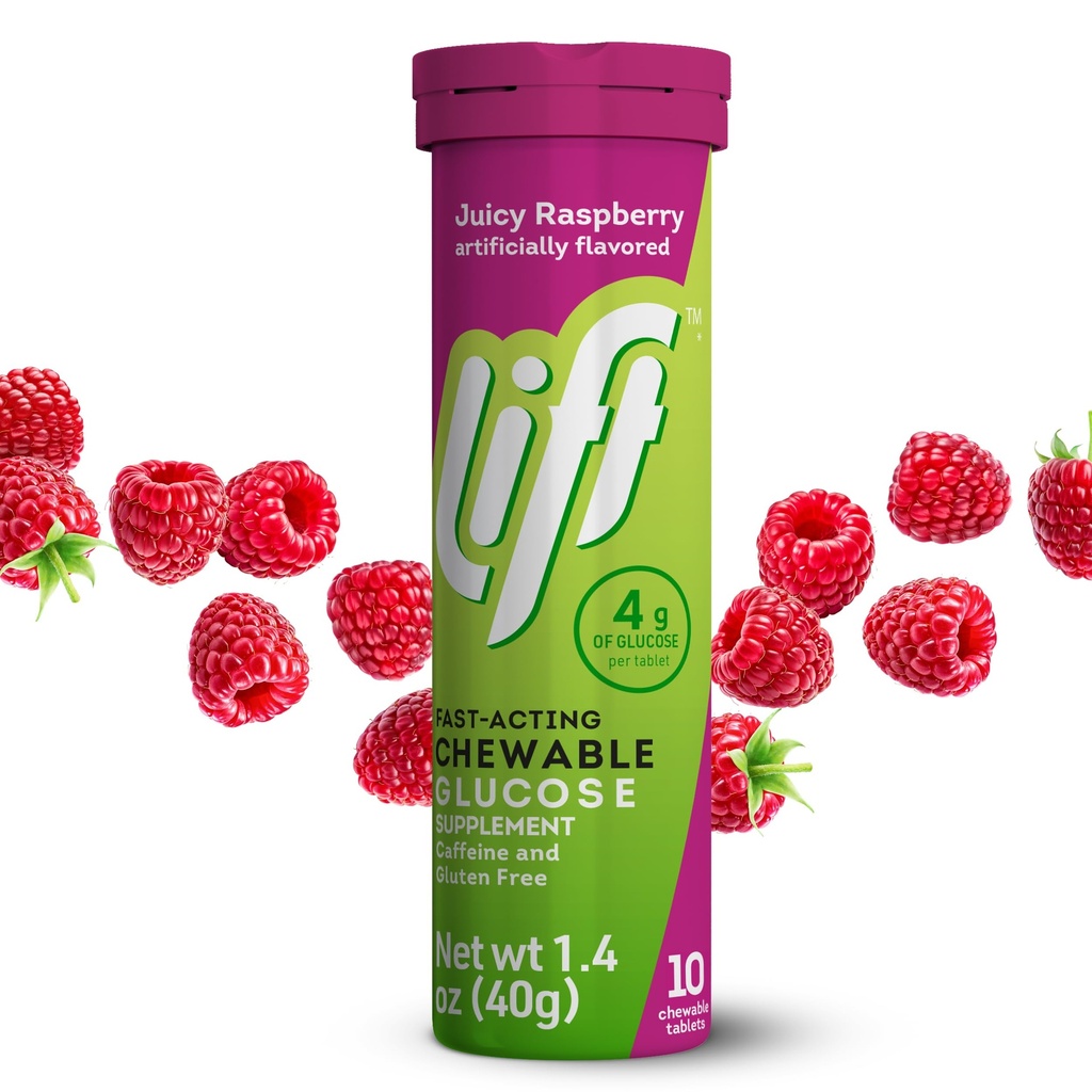 Lift glucose snel werkende glucose kauwbare energie tabletten, framboos, 10 ct Tube (verpakking van 12)