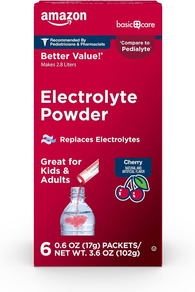 Basic Care Electrolyte Powder Packets voor kinderen en volwassenen, Cherry Flavor, 6 tellingen (pakket van 1)
