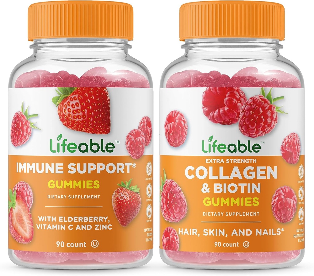 Levensvatbare Immune Support + Collageen & Biotine, Gummies Bundle - Grote Proeverij, Vitaminesupplement, Glutenvrij, GGO-vrij, Kauwgom