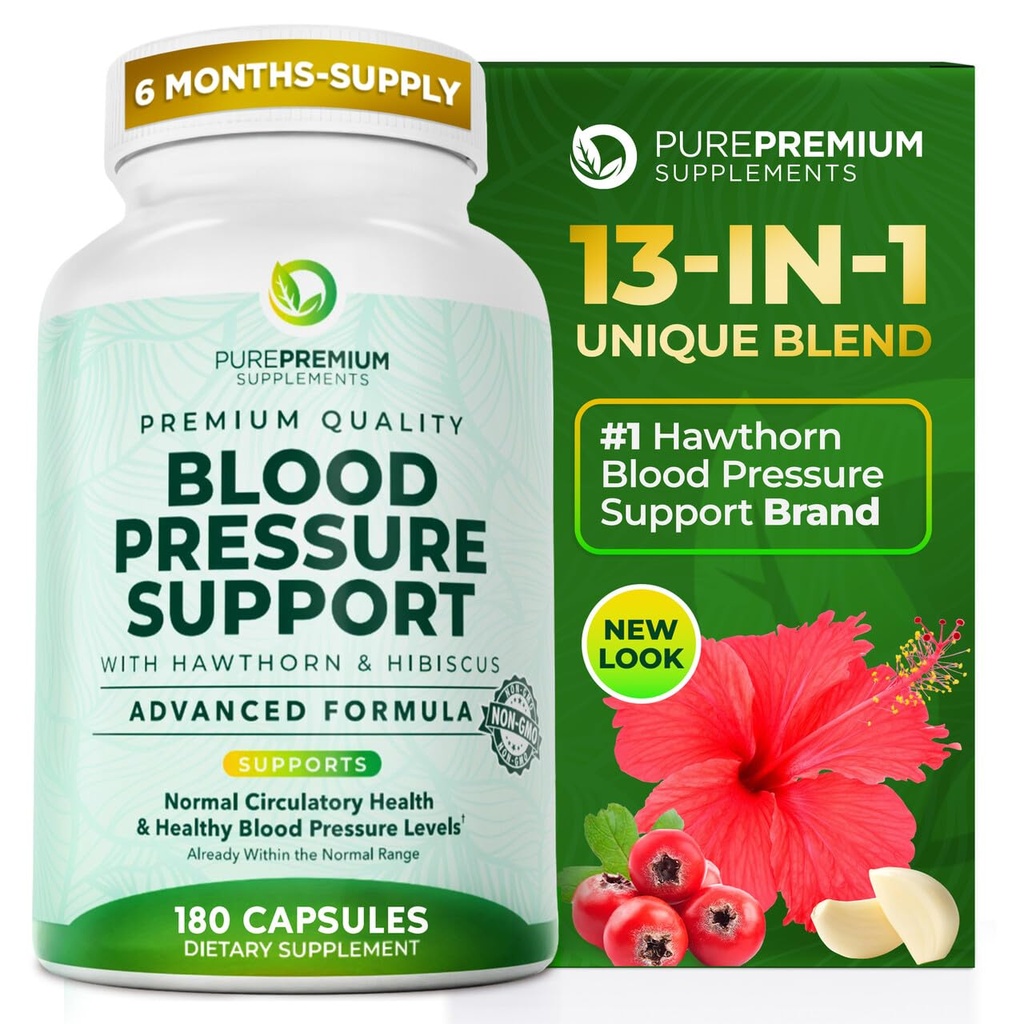 PurePremium Blood Pressure Supplements with Hawthorn Berry, Hibiscus, Knoflook & Vitamin B12-Nitric Oxid Supplement for Normal Heart Health, Circulatie Health & Blood Pressure Support - 180ct
