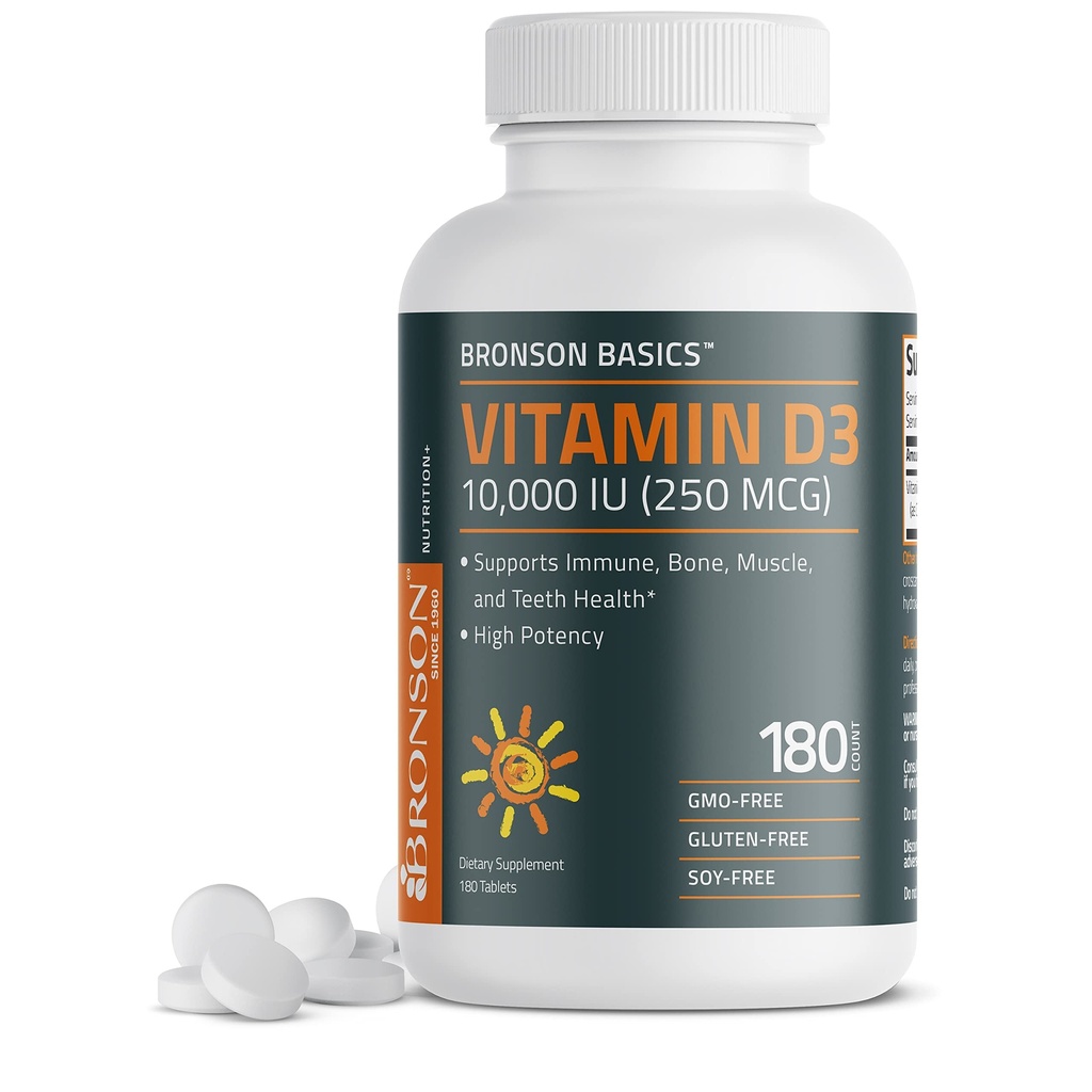 Bronson Vitamine D3 10.000 IE (250 MCG) voor gezonde spierfunctie en immuunondersteuning, Non-GMO, 180 tabletten