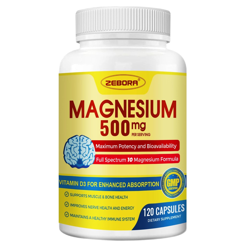10-in-1 Magnesium Complex Supplement, Magnesium Glycinate 500mg met citraat & Malate, chelated high Absorptie Plus Vitamine D3 & Zink - voor nerve, spier & bot ondersteuning - 120 capsules