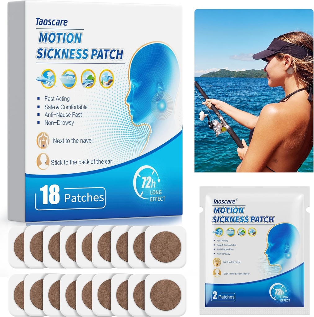 Bewegingsziekte Patches voor Cruise, Zeeziekte Patch voor Duizeligheid Vertigo & Misselijkheid Relief, Kinderen en Volwassenen Reizen Essentials voor Cruise / Auto / Vliegtuig / Amusement Park Trip (18 Tel.)