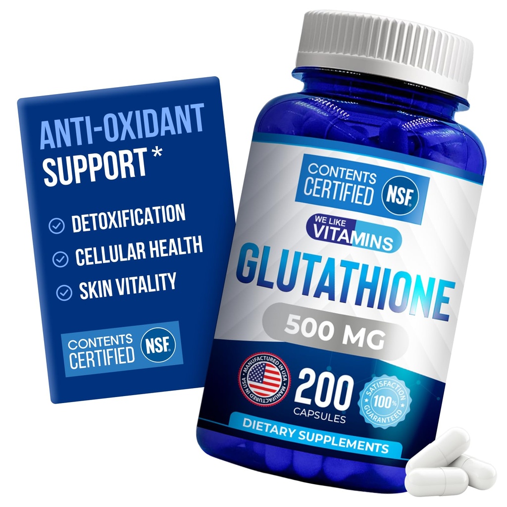 We Like Vitamins | NSF Certified Glutathione Supplement | Manufactured in USA | Highly Bioavailable | L-Glutathione Antioxidant Support|500mg Per Serving | 200 Capsules