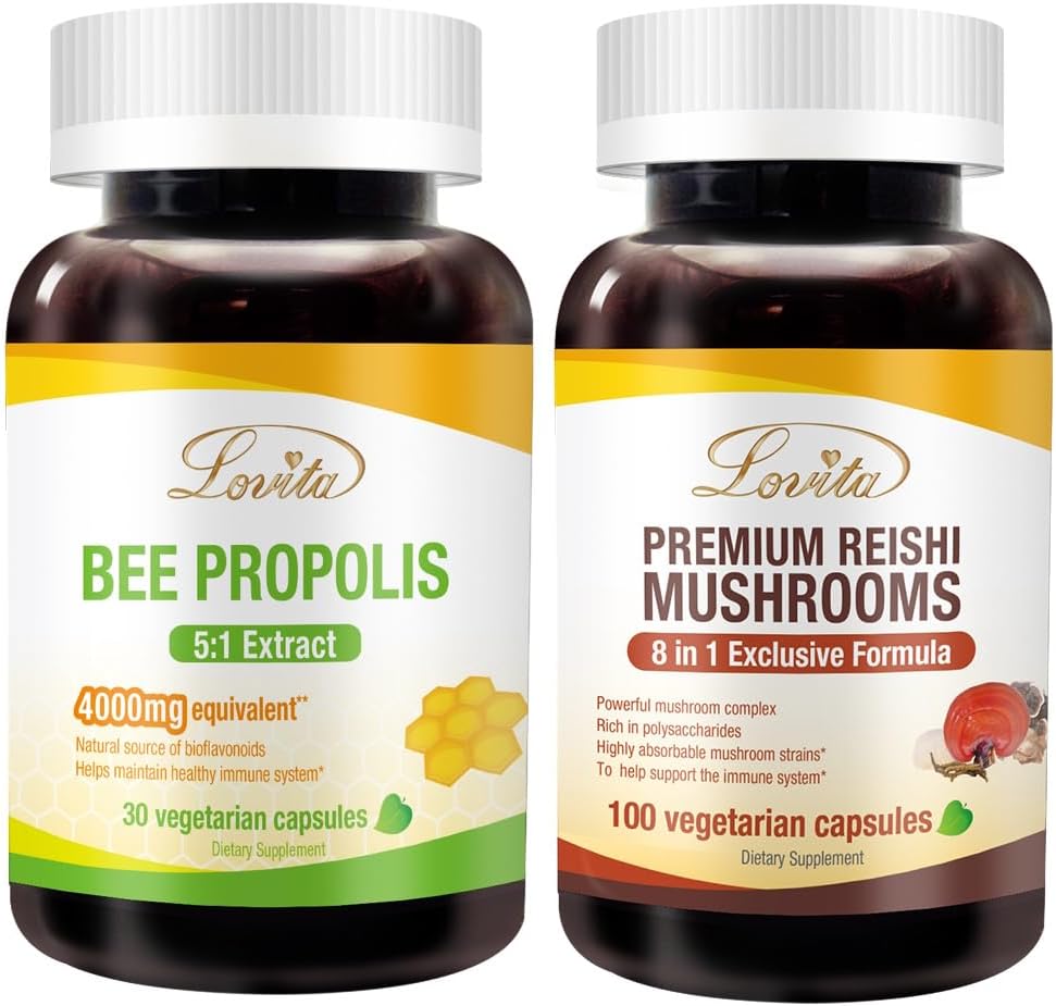 Lovita Bee Propolis Capsule & Premium Reishi Mushrooms Nutrients Bundle. Dietary Supplement Supports Better Nutrition & Overall Well-Being
