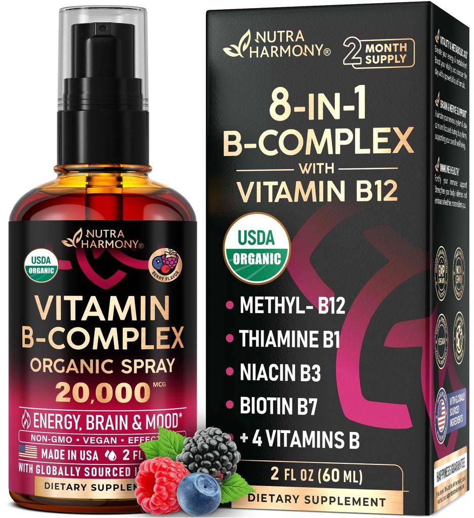 USDA Organic Vitamin B-Complex Liquid Spray 8-in-1 - B5 Pantothenic Acid | B12 Methylcobalamin | B1 Thiamine | B6 Pyridoxine | B7 Biotin | B9 Folic | B3 Niacinamide - Berry Mix Flavor - 2fl oz
