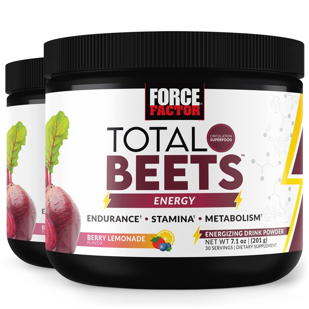 FORCE FACTOR Total Beets Energy Drink Mix 2-pack, Superfood Beetwortelpoeder, Nitraten om energie te verhogen, Ondersteuning Circulatie, Bloedstroom, Nitric Oxide en uithoudingsvermogen, Hart Gezondheid Supplement, 60 porties