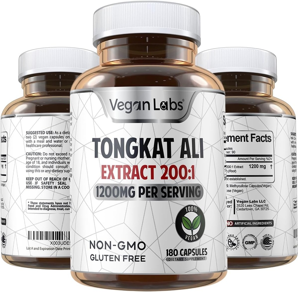 Vegan Labs Tongkat Ali 200:1 Extract, 1200MG Per Servings- 180 Vegan Capsules- Supports Energy and Stamina- Gluten Free, Non-GMO Premium Quality Supplement