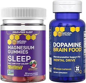 NATURAL STACKS Dopamine Brain Food + Sleep Magnesium Gummies Bundle - Supports Mental Drive & Sleep* - 90 Total Pieces