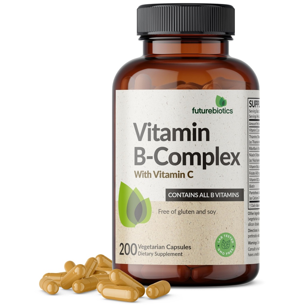 Futurebiotica Vitamine B Complex met vitamine C ondersteunt energieproductie, zenuwstelsel en immuunondersteuning - niet-GMO, 200 Vegetarische capsules