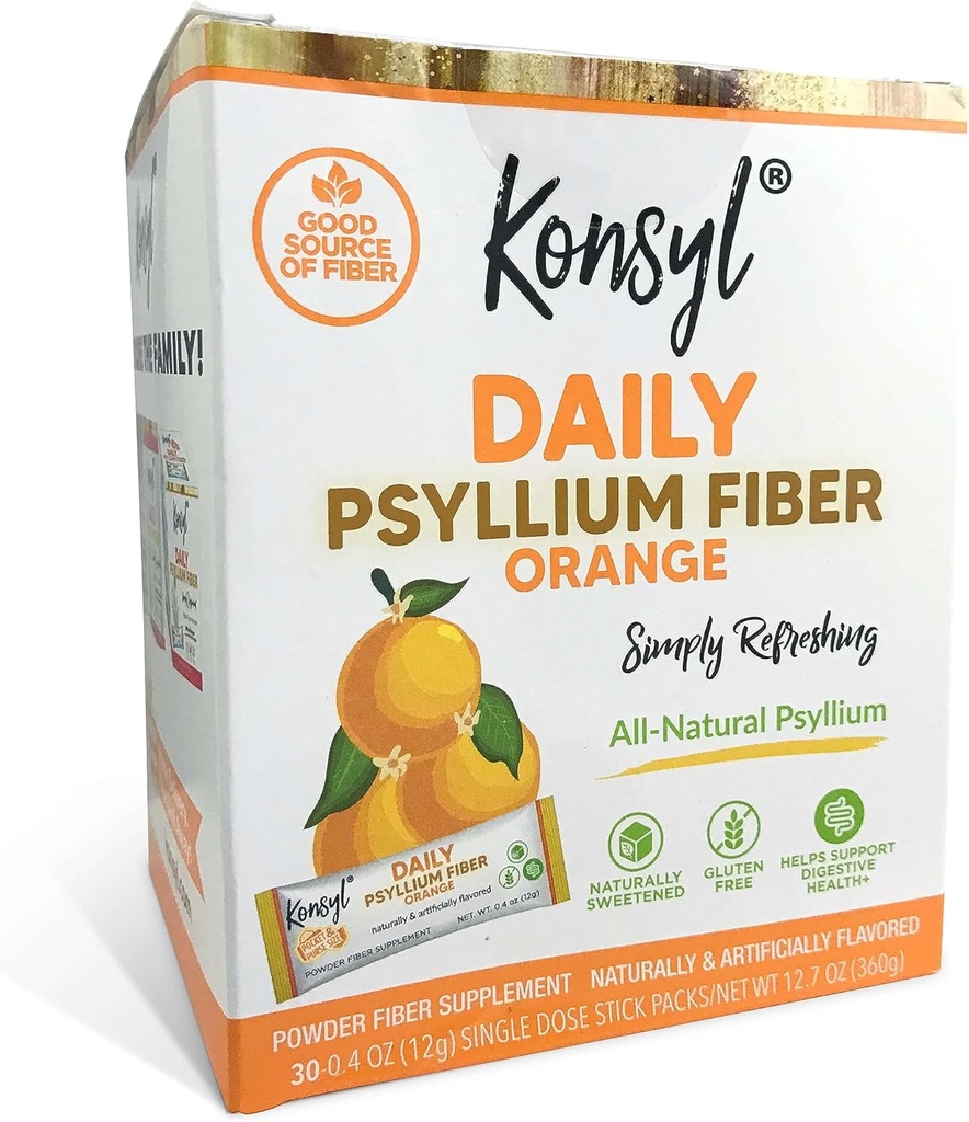 Konsyl Daily Fiber Orange 100% Natural Psyllium Husk Powder - Naturally Sweetened - Gluten Free - 30 Individual Stickpacks