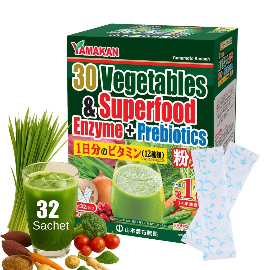 Yamamoto Kanpoh YAMAKAN natuurlijke decompenserende enzymen met prebiotische poeder, 12 gemengde vitaminen & Super Greens Powder Blend, gerstgras sap Superfood voor Gut Health uit Japan, 32 verpakkingen