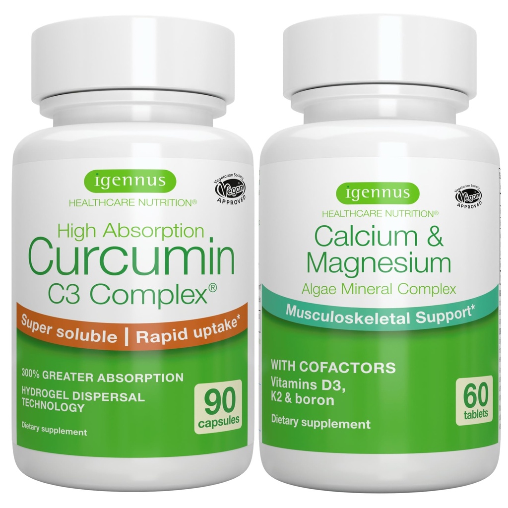 Algen Calcium & Magnesium Complex + Hoge Absorptie Curcumine C3 Complex, Vegan Bundle for Bones, Joints & Herstel van Oefening, door Igennus