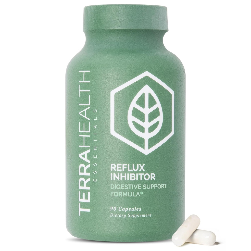 Terra Health Essentials Reflux Inhibitor - Daily Digestive Support Supplement for Efficient Digestion, Nutrient Absorption & Acid Balance - Betaine HCl with Pepsin - 30-Day Supply, 90 Capsules
