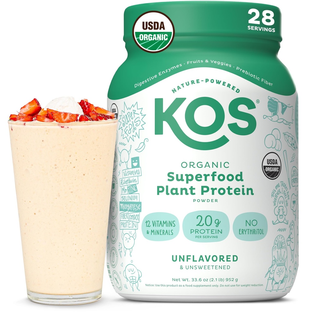 KOS Vegan Protein Powder, Unflavored & Unsweeted - Low Carb Pea Protein Blend, Organic Superfood Rich in Vitaminen & Minerals - Keto, Soy, Dairy Free - Meal Replacement for Women & Men - 28 Servings