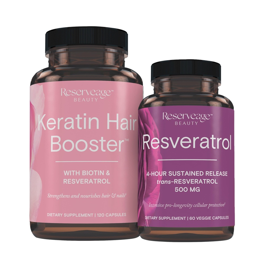 Reserveage Voeding Keratine Hair Booster met Biotine & Resveratrol, Haar- en Nagelgroei Supplement, 120 capsules (60 porties) & Resveratrol 500 mg, ondersteunt gezonde veroudering en immuunsysteem
