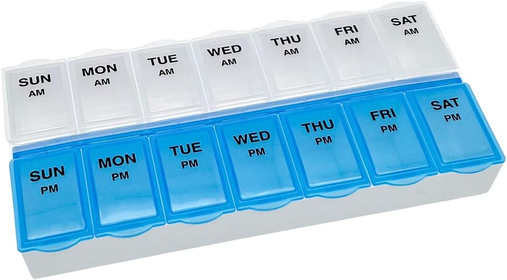 Basic Care (7-Dag) AM/PM Pillen Organisator, Vitamine Case, En Medicine Box, Grote Compartementen, 2 keer per dag, Blauw en Clear Lids