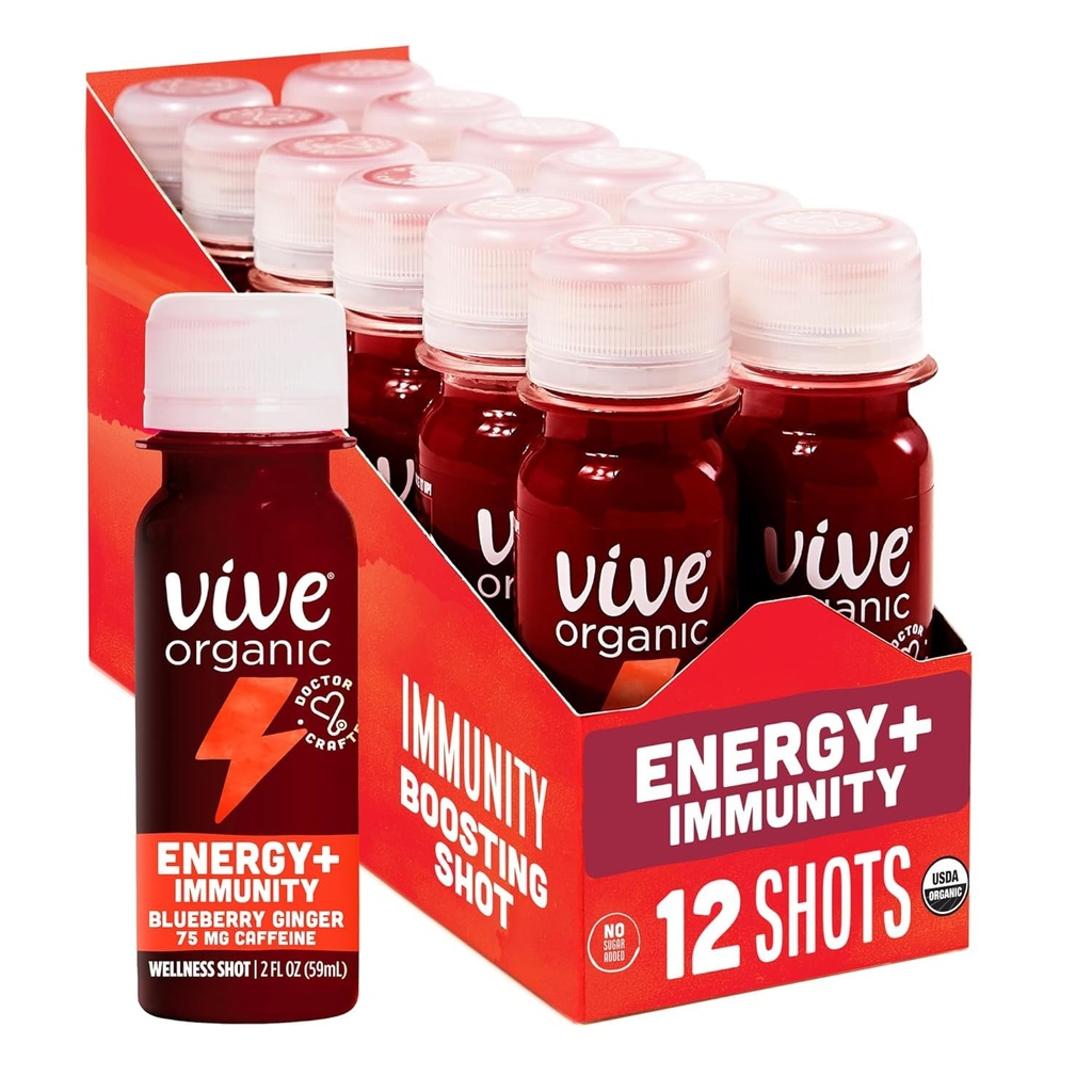 Vive Organic Energy Shot + Immune Support, Immune Defense met Ashwagandha, Green Tea & Cafeïne, Glutenvrij, Veganistisch, Energie en Focus, 2 Fl Oz (pakket van 12)