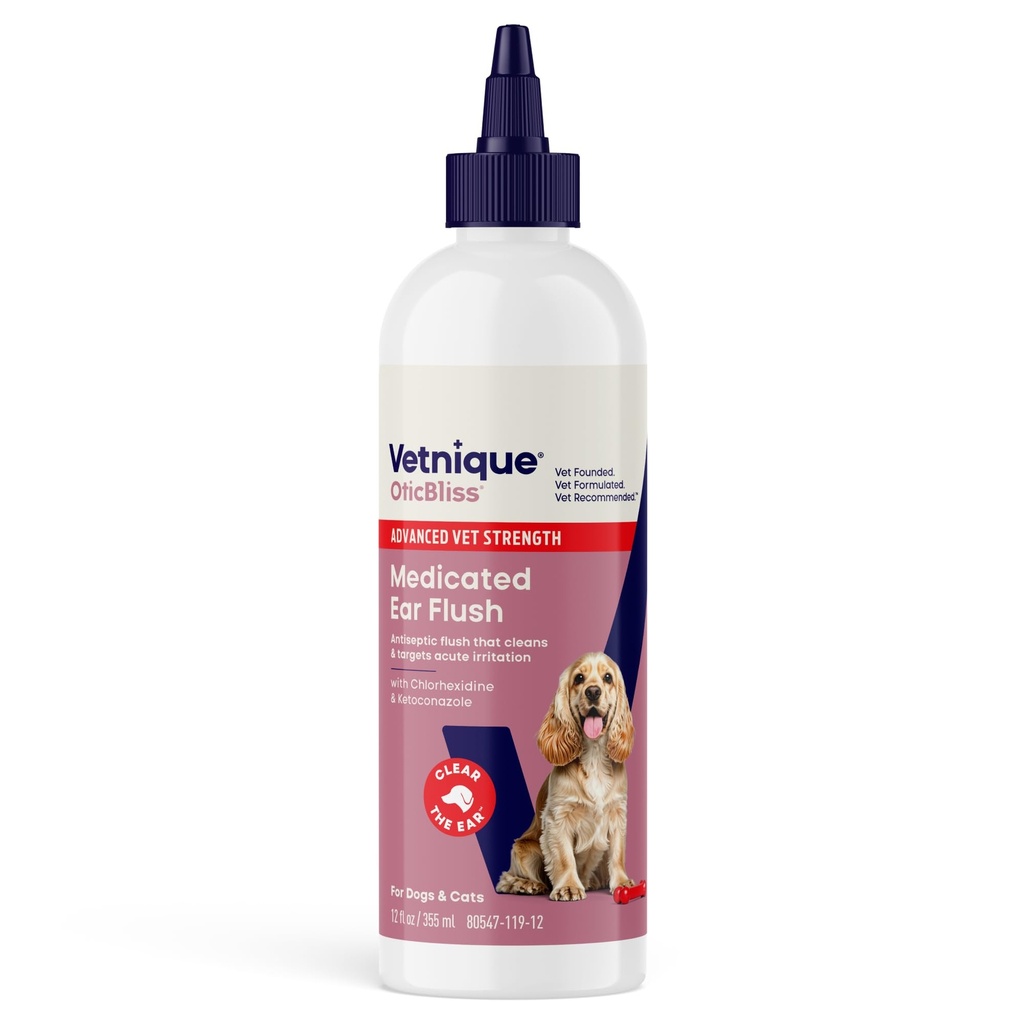 Vetnique Oticbliss Gemedicineerde Hondenoorinfectie Behandeling, Antiseptische Oorreiniger voor Cat & Hondenoor Reiniging Oplossing met Chlorhexidine & Ketoconazol (12oz Flush)