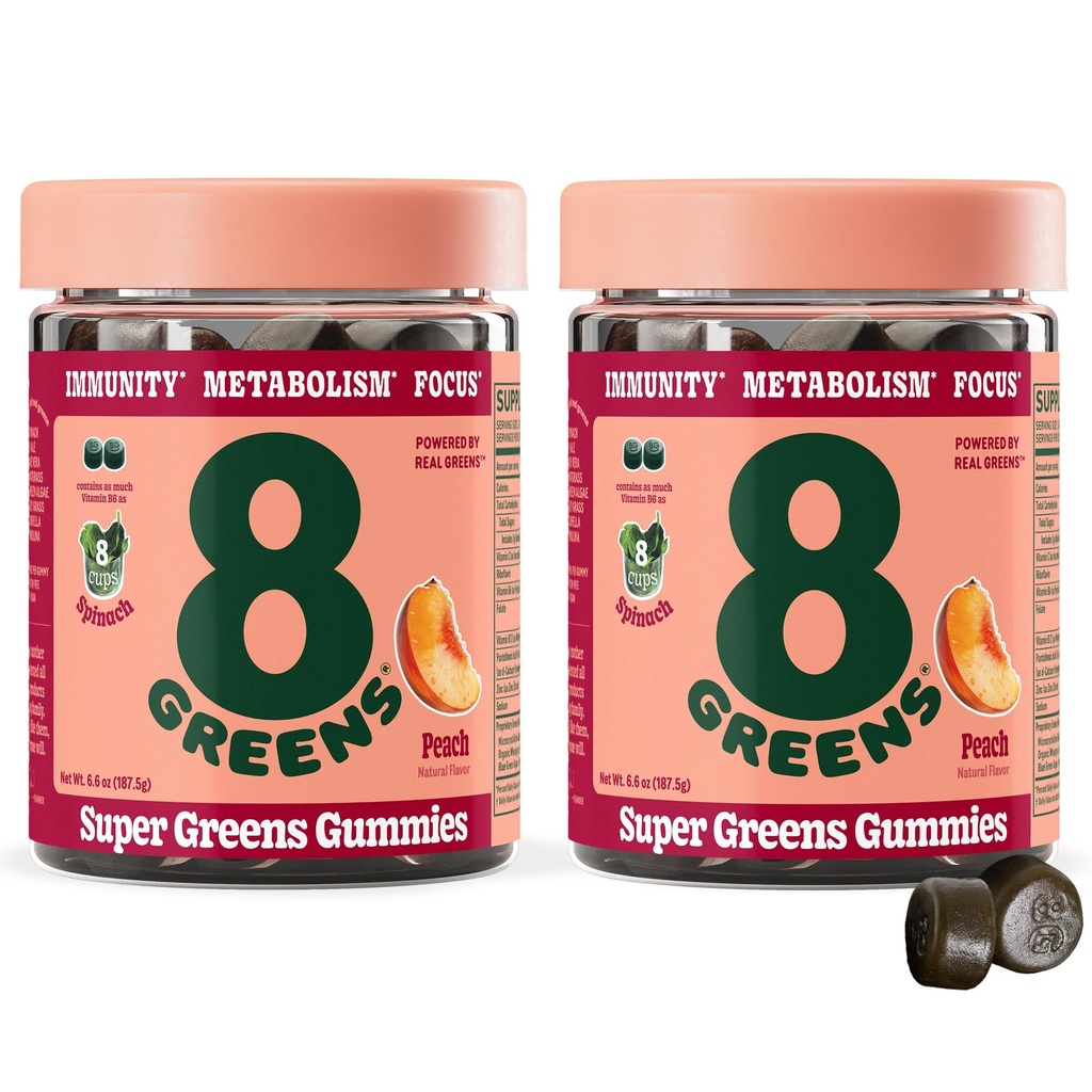 8Greens Supergreens Gummies Super Greens Powder Superfood Gummy for Metabolisme, Immunity & Focus, Digestive Health Enzymes, Organic: Chlorella, Spirulina, Aloë Vera, Peach Flavor, 100 Tel.