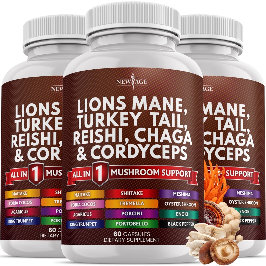 NIEUW AGE Leeuwen Mane paddo supplement met Turkije staart Reishi Cordyceps Chaga met Marshmallow Root 180 Tellen