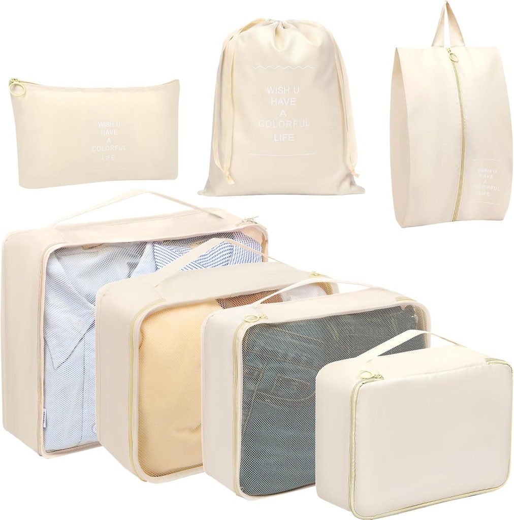 Toplive 7 Set verpakking Cubes voor reizen, Bagage Organizer Tassen voor reizen Accessoires, Compressie verpakking Cubes, Beige