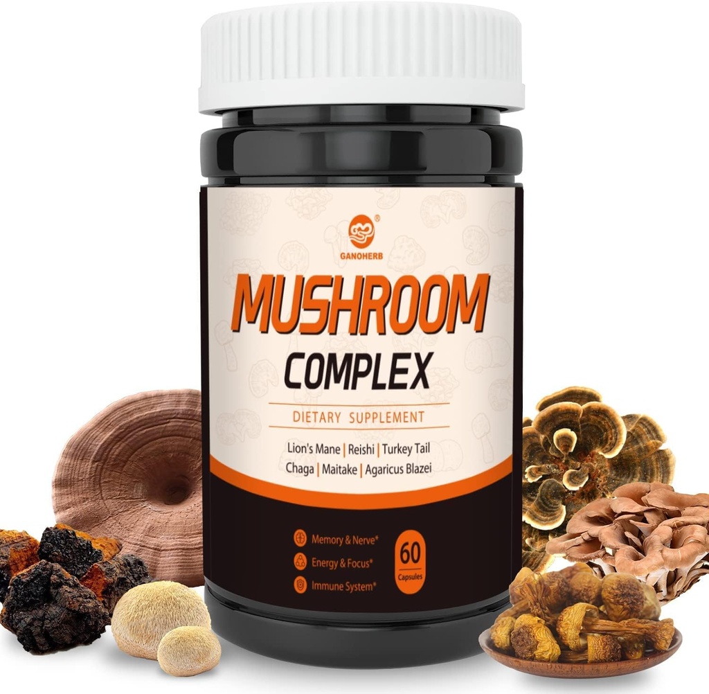 Mushroom Supplement Complex, Lions Mane, Reishi, Turkije staart, Chaga, Maitake, Agaricus, 6 hoge sterkte biologische paddo voor energie, focus, geheugen en immuunsysteem ondersteuning