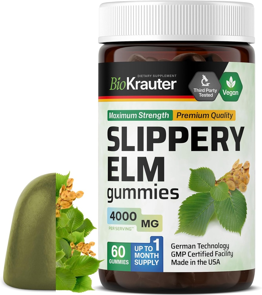 BIO KRAUTER Slippery Elm Gummies 4000 mg - 60 Tel 30 Dagen van levering - Digestieve en ademhalingsondersteuning - Ulmus Rubra Gummies for Longs - Slippery Elm Bark for Women & Men - Veganistisch, GGO-vrij