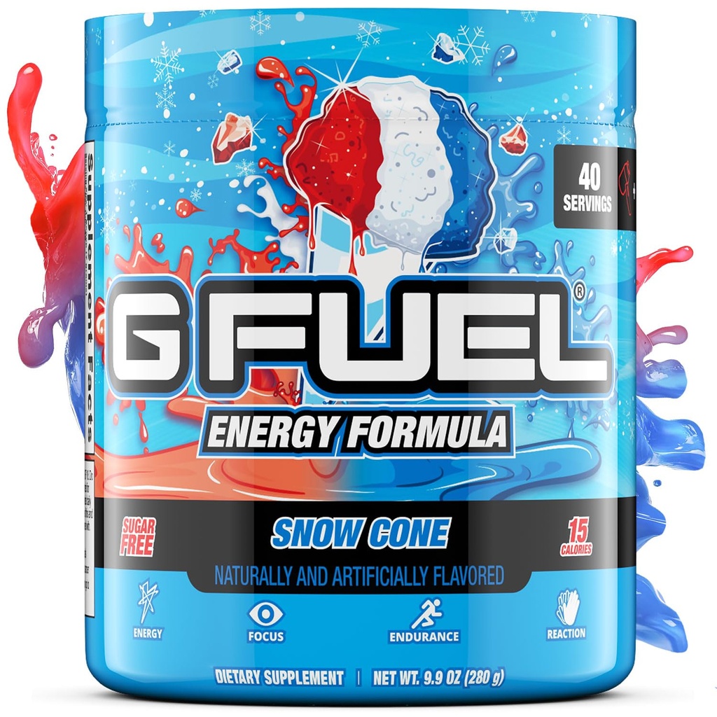 G Fuel Snow Cone Energy Drink Powder, Pre workout Cafeïne Mix voor Gaming, Suikervrije Focus Amino, Vitamine + Antioxidanten, 9.9oz (Snow Cone, 40 Servers)
