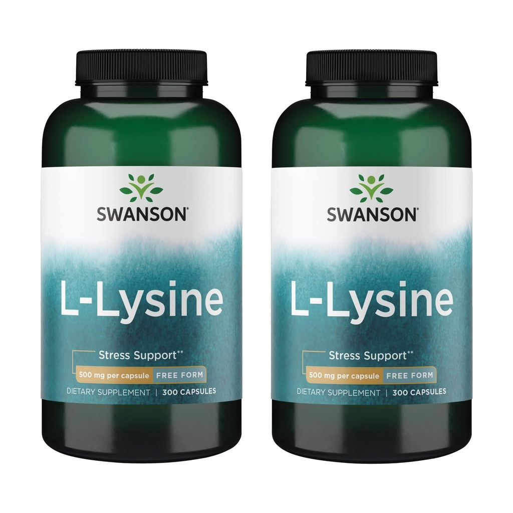Swanson Free Form L-Lysine - Natural Supplement Promoting Stress Support & Zenuwstelsel Gezondheid - May Promote Calm Mood & Relaxation - (300 Capsules, 500mg Each) 2 Pack