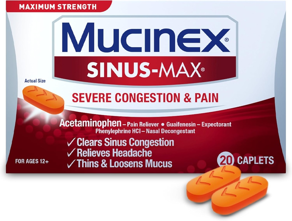 Mucinex Sinus-Max Ernstige congestie Relief Caplets, 20 Tellen