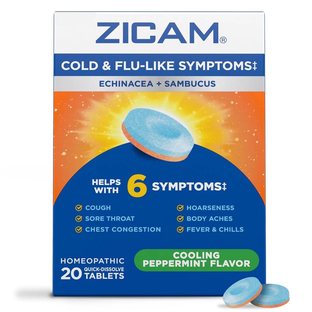 Zicam Koude & griepachtige symptomen met echinacea en Sambucus, Homeopathische, Zink, Koelende pepermunt smaak, helpt met koude symptomen, 20 tabletten