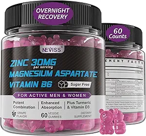 Zink en Magnesium Supplement, Zink Magnesium aspartaat Post workout Gummies voor mannen Vrouwen, met vitamine B6, B12, D3, Kurkuma voor Nacht herstel, Verminder vermoeidheid, Boost Immuniteit & Slaap, 60 Tellen