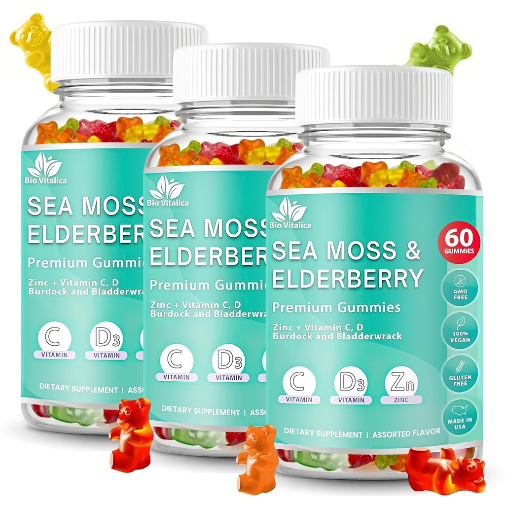BIO VITALICA Sea Moss Gummies Elderberry BioVitalica - Vitamine C D + Zink - Irish Seamoss Vegan Gummy with Sea Moss Gel & Powder for Immunity, Detox - voor volwassenen en kinderen (3Packs)