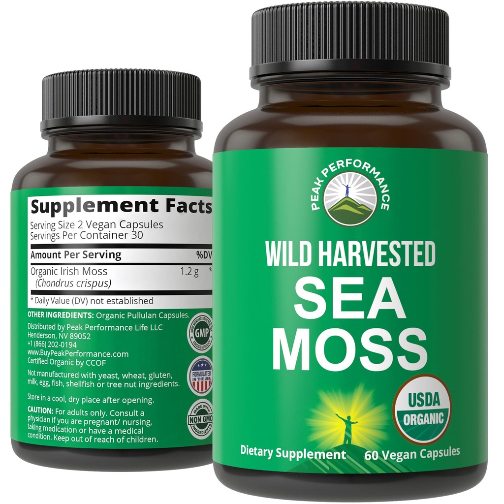 Peak Performance Organic Sea Moss Capsules - Wild Harvested Sea Moss Raw Vegan Supplement from Red Algae Seaweed - 100% Whole Extract Irish SeaMoss Superfood Pills - Gut, Respiratory, Immune Support