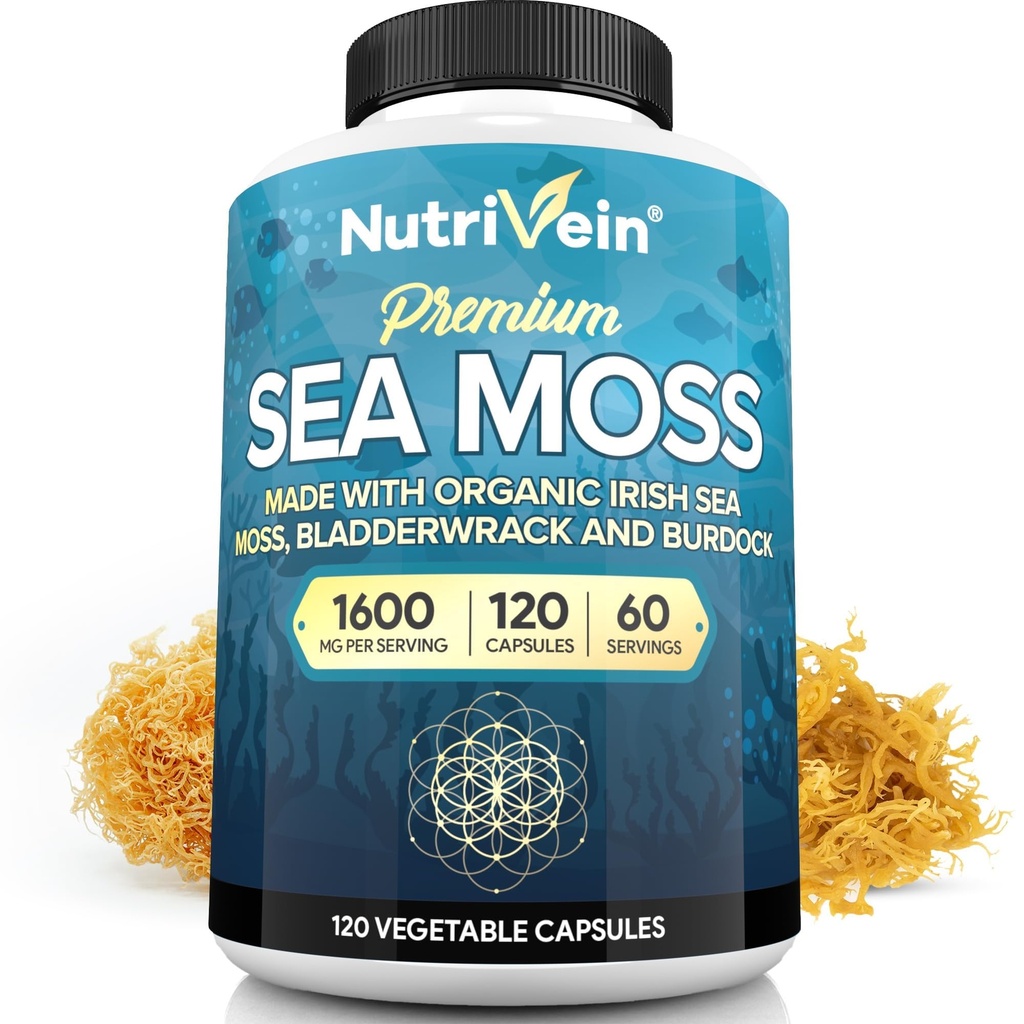 Nutrivein Organic Sea Moss 1600mg Plus Bladderwrack & Burdock - 120 Caps for Adults - Prebiotic Super-Food - Immune System & Digestive Health - Thyroid, Skin, Keto Detox, Gut, Joint Support