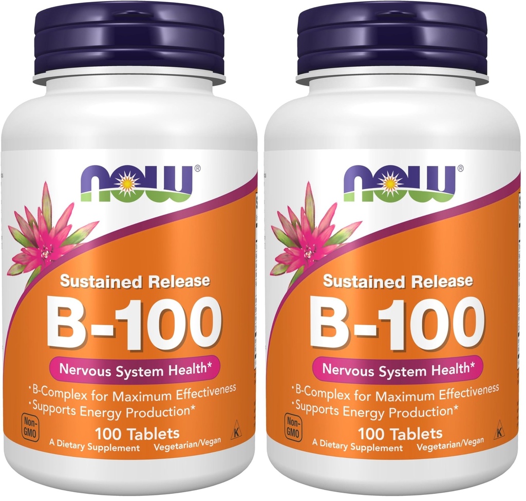 NOW Supplementen, Vitamine B-100, Sustained Release, Energieproductie*, Zenuwstelselgezondheid*, 100 tabletten (verpakking van 2)