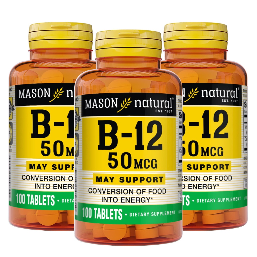 Mason natuurlijke vitamine B12 50 mcg met calcium, 300, dagvoorziening, dieetsupplement ter ondersteuning van natuurlijke energieniveaus, 100 tabletten (verpakking van 3)
