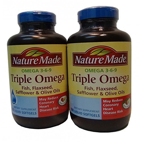 Nature Made Triple Omega 3 6 9 - Vis, Vlaszaad, Saffloer & Olijfolie - 2 Flessen, 180 Softgels Elk