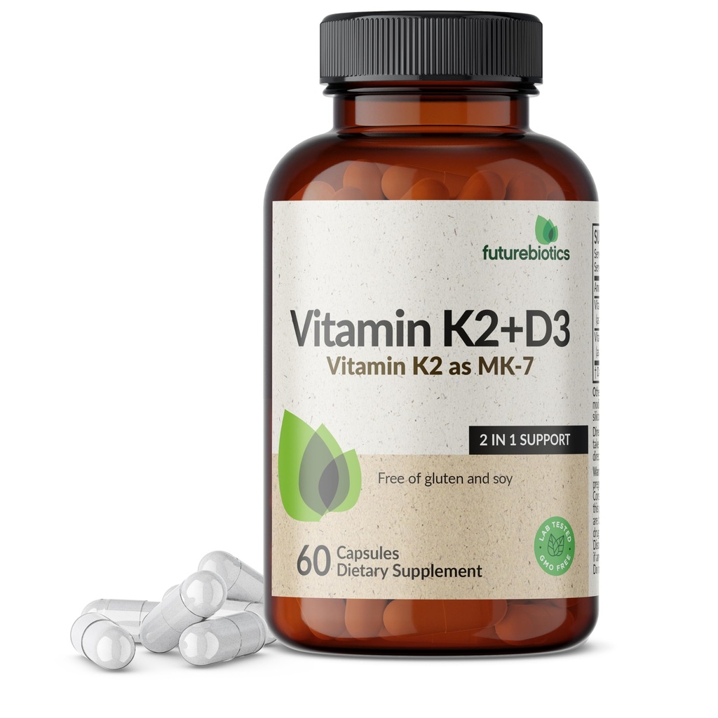Futurebiotica Vitamine K2 (MK7) met D3 Supplement - Non-GMO Formule - 5000 IE Vitamine D3 & 90 mcg Vitamine K2 MK-7, 60 Vegetarische Capsules