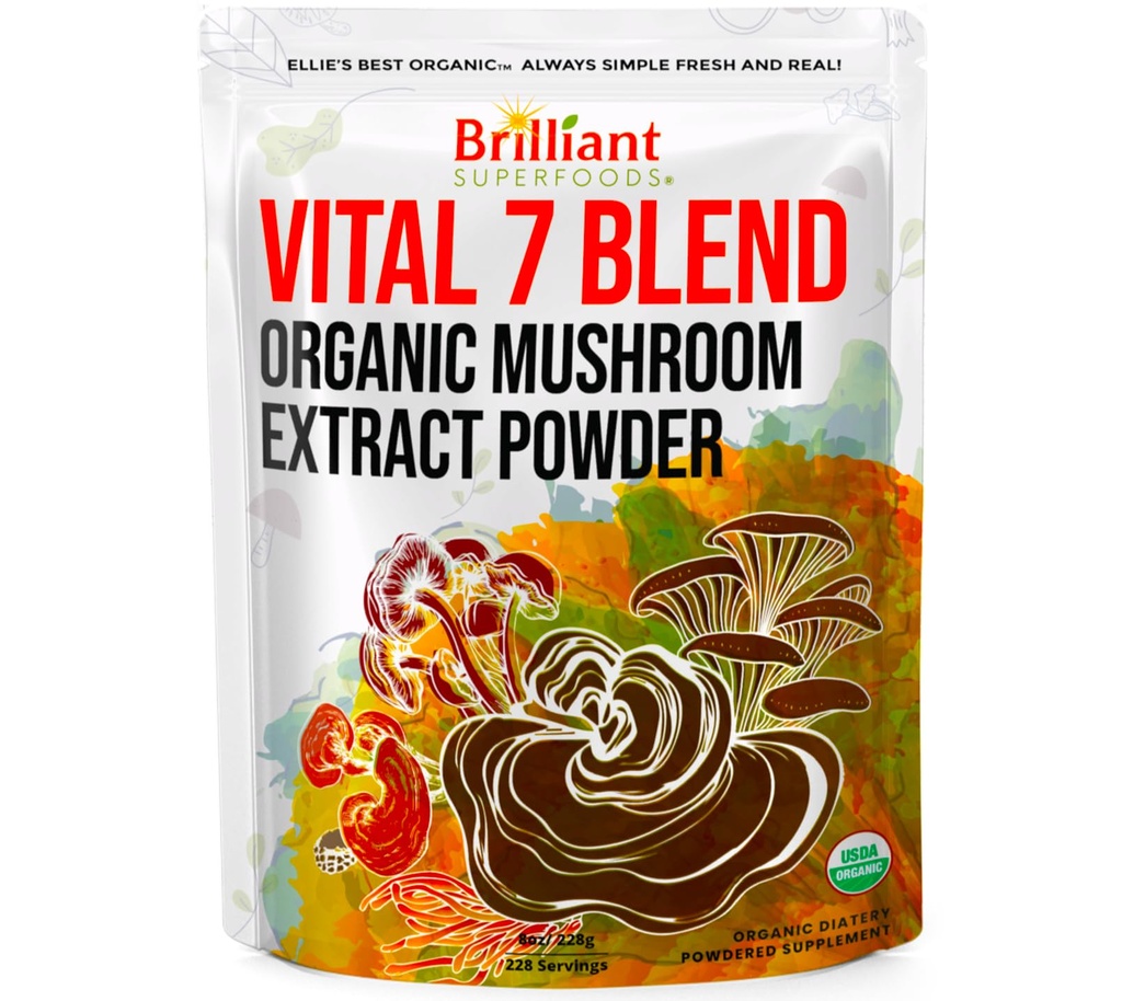 Ellie's Best 7 Paddestoelpoeder Extract Biologische Blend - Reishi, Lion's Mane, Chaga, Turkije staart, Cordyceps, Maitake & Shiitake - Dubbel geëxtraheerd - Pure Geen Fillers - 8oz / 228 1g Servers......