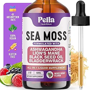 Sea Moss and Ashwagandha Liquid Supplement - Infused with Lion's Mane, Black Seed Oil, and Bladderwrack - Vegan, Easy-to-Mix Formula - Ondersteunt Antioxidant Activity & Immune Health (Mixed Berry, 60ml)