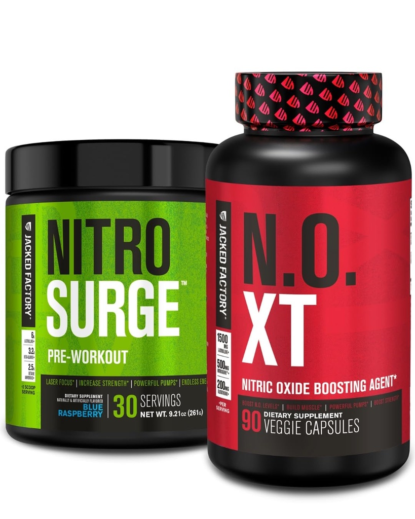Ge Jacked Factory Nitrosurge Pre-workout in Blue Raspberry & N.O. XT Nitric Oxid Booster voor mannen en vrouwen