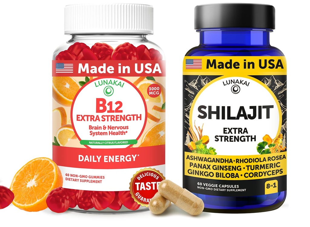 Lunakai USA Made B12 Gummies & Shilajit Capsules Bundel Extra sterkte dagelijkse energie en wellness ondersteuning