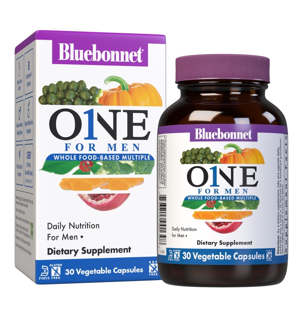Bluebonnet Nutrition One for Men Whole Food Based Multiple, Daily Nutrition*, Non-GMO, Vegetarisch vriendelijk, Kosjer, Glutenvrij, Sojavrij, Dairy-Free, Iron Free, 30 plantaardige capsules, 30 porties