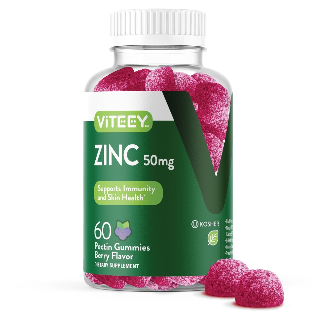 VITEEY Zink Gummies voor mannen en vrouwen - Zink Supplementen 50mg - Immune Boost & Skin Health - Veganistisch, Glutenvrij - 60 Tel.