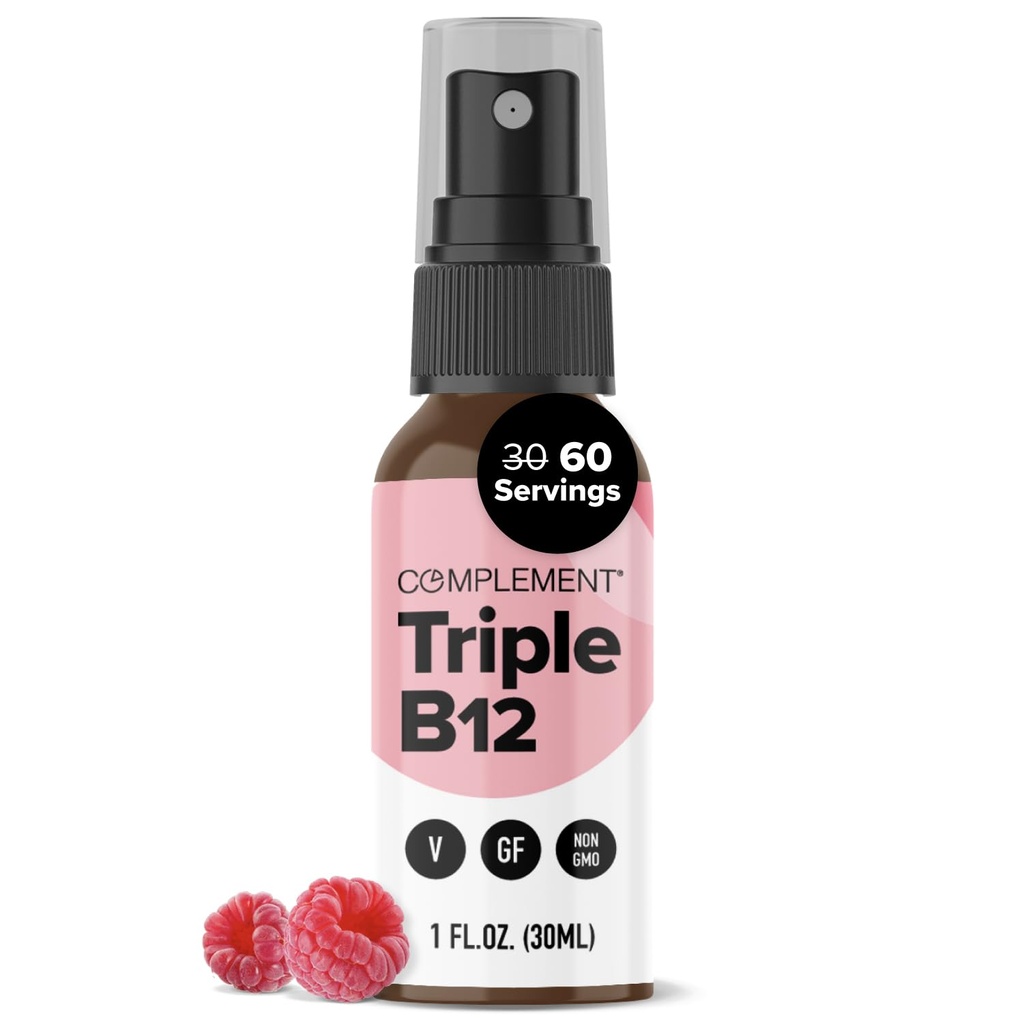 Complement Vegan Vitamin Triple B12 Liquid Spray- 1500 mcg Blend (60 porties) Raspberry Flavor- Enhanced Absorptie, Energie, Mood, Zenuwstelsel, Cognitieve functie voor kinderen & volwassenen
