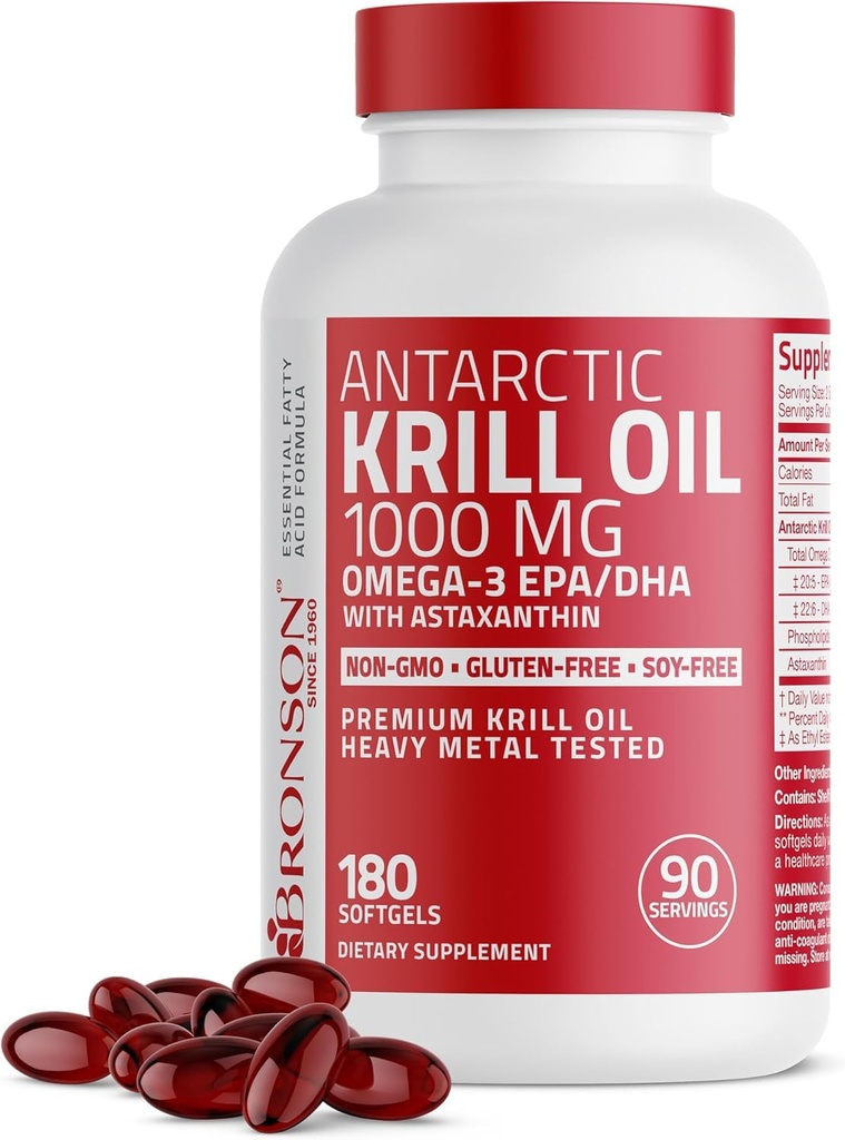 Bronson Antarctica Krill Oil 1000 mg met Omega-3s EPA, DHA, Astaxanthine en Fosfolipiden 180 Softgels