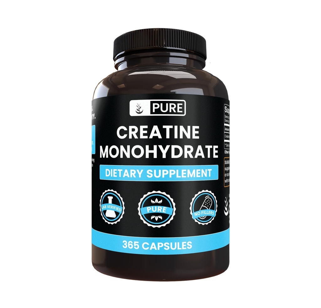 PURE ORIGINEEL INGREDIËNTEN Creatine Monohydraat (365 Capsules) Geen Magnesium of Rijst Fillers, altijd zuiver, Lab geverifieerd